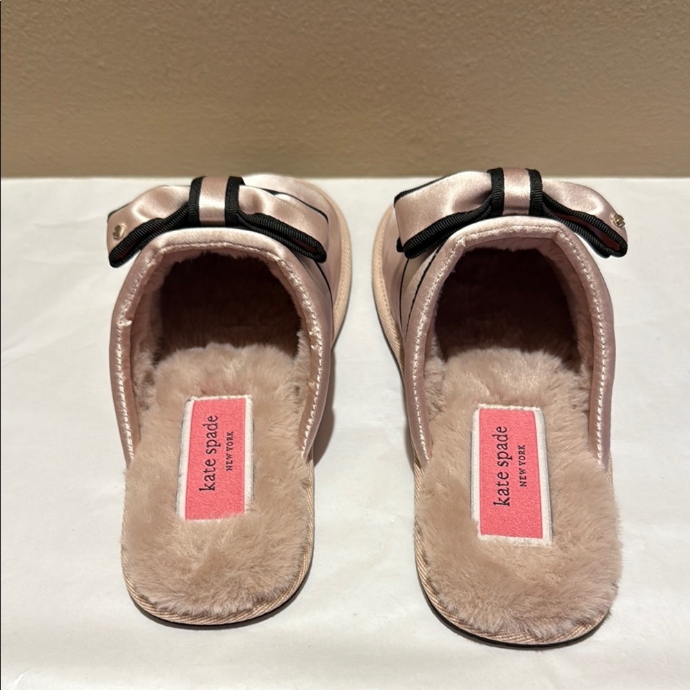 NWOT Kate Spade Pink and Black Slippers with Bow Detail and Faux Fur - Picture 13 of 14
